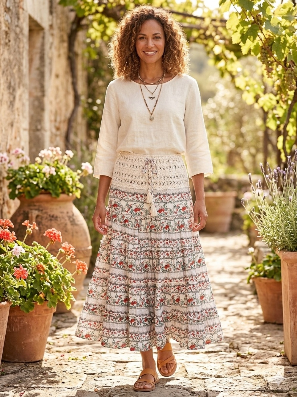 Boho Floral Tiered Maxi Skirt - Cream with Red Floral